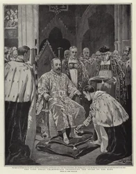 The Lord Great Chamberlain presenting the Spurs to the King